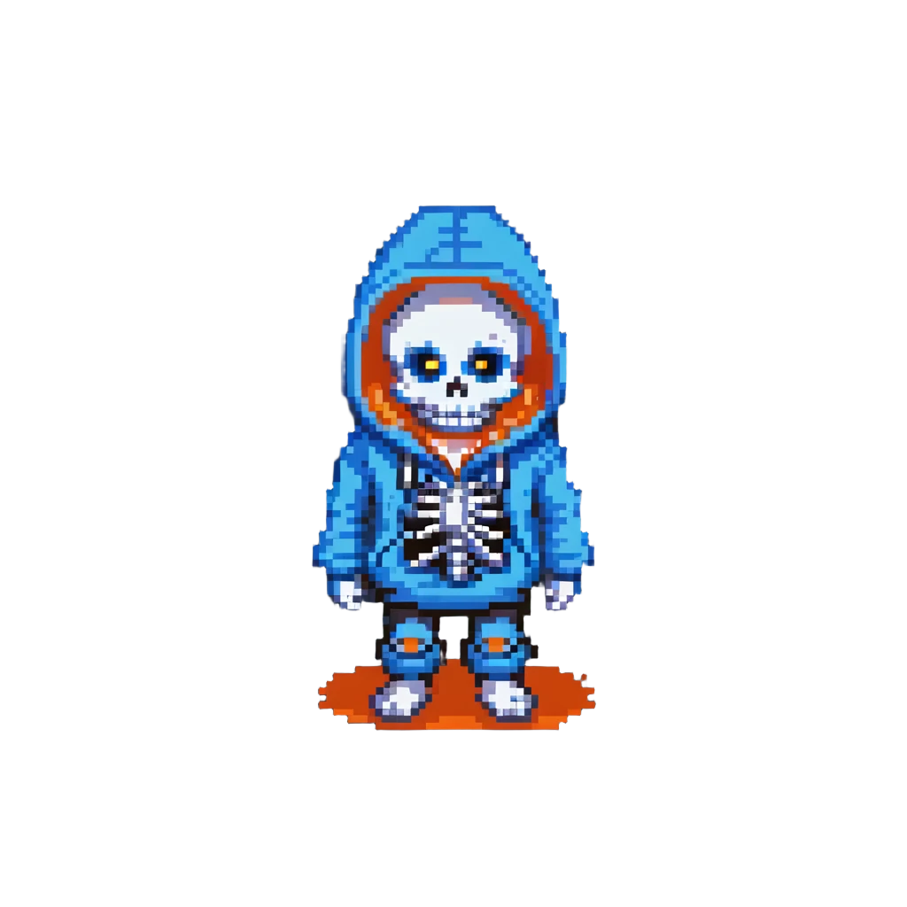 Sans from Undertale with glowing blue eye, skeleton with permanent grin, wearing blue hoodie emoji