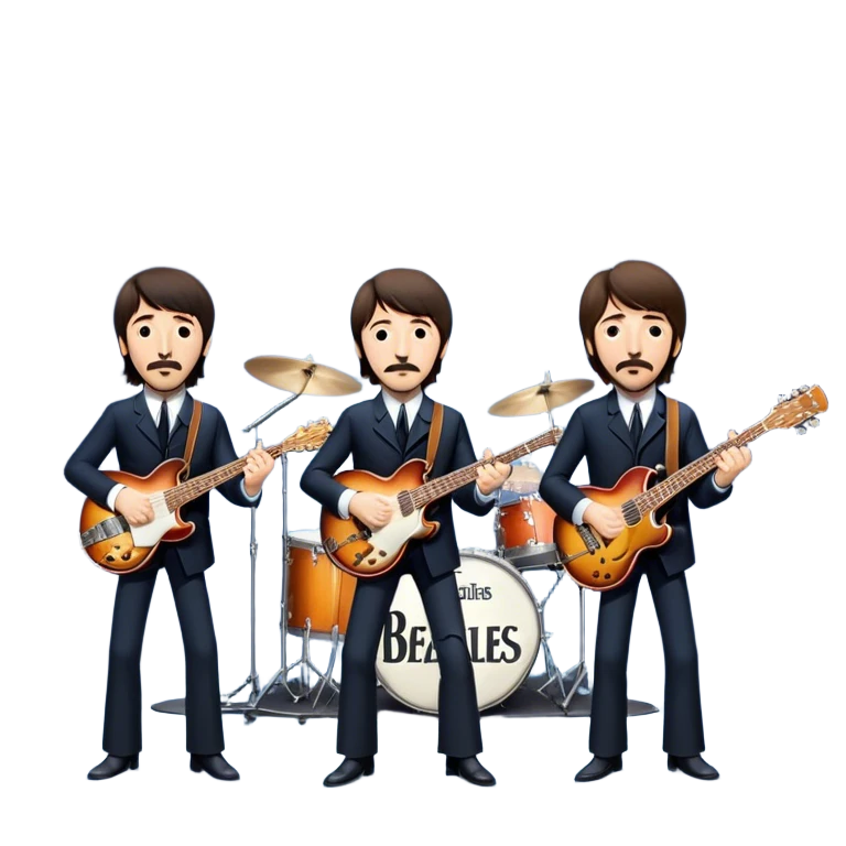 Rock music icon: The Beatles performing live on stage. John Lennon with guitar, Paul McCartney with bass, George Harrison with guitar, Ringo Starr on drums. Bright lights, energetic performance. Transparent background. emoji