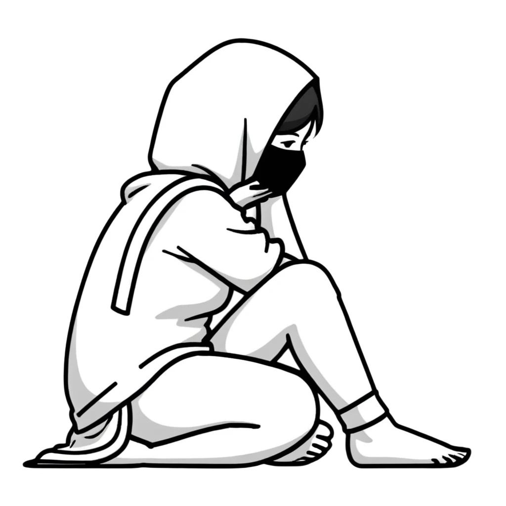 woman sitting on floor in profile view crying with face covered by arms emoji