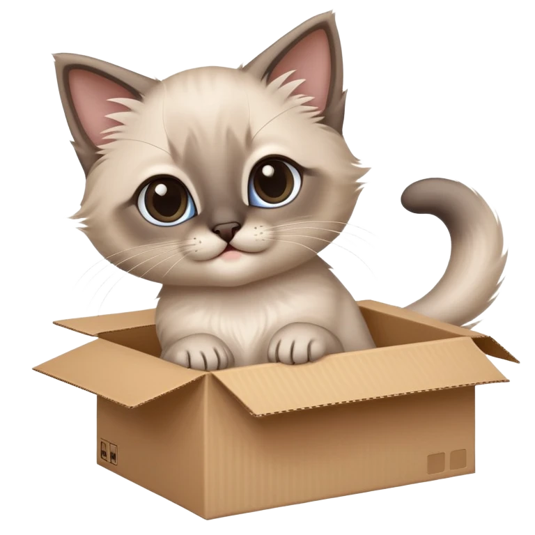  A very cute gery young happy kitten long hair Siamese Cat cat with one's head tilted to one side poked its paws out of the cardboard big box and placed them on top of it emoji
