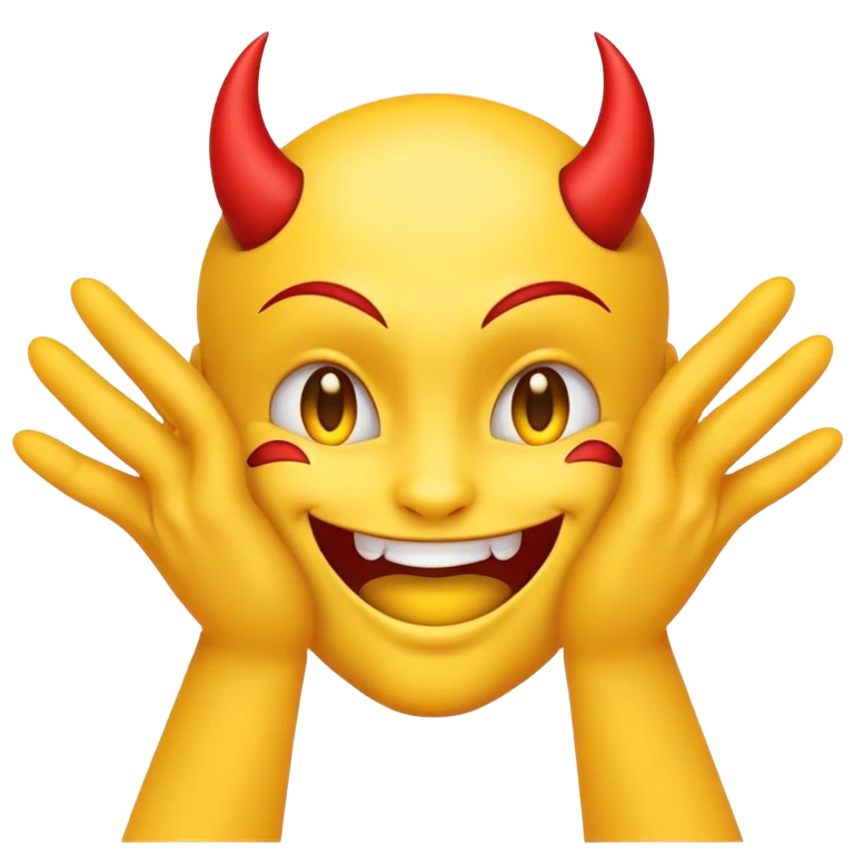 yellow emoji face with devil-like grin and hands rubbing together deviously emoji