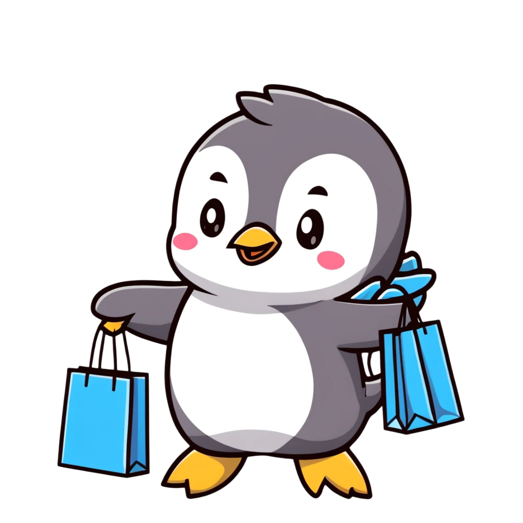 kawaii baby penguin at a shopping mall with shopping bags emoji