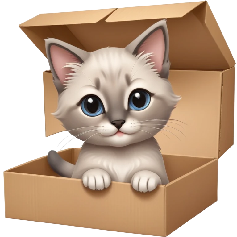  A very cute gery young happy kitten long hair Siamese Cat cat with one's head tilted to one side poked its paws out of the cardboard big box and placed them on top of it emoji