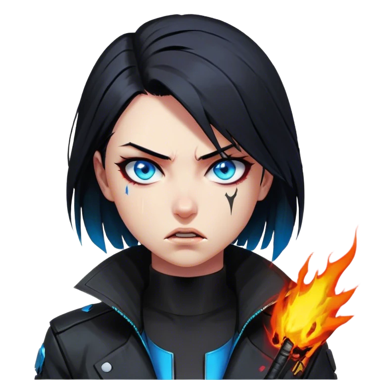 Black hair cyberpunk 2077 chibi girl with blazing blue eyes and black jacket. emotional action angry emoji
