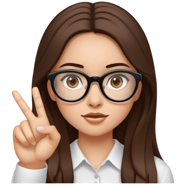 ragazza con capelli castani lunghi, occhiali neri, carnagione chiara, occhi castani, che indica di cliccare sul sito emoji