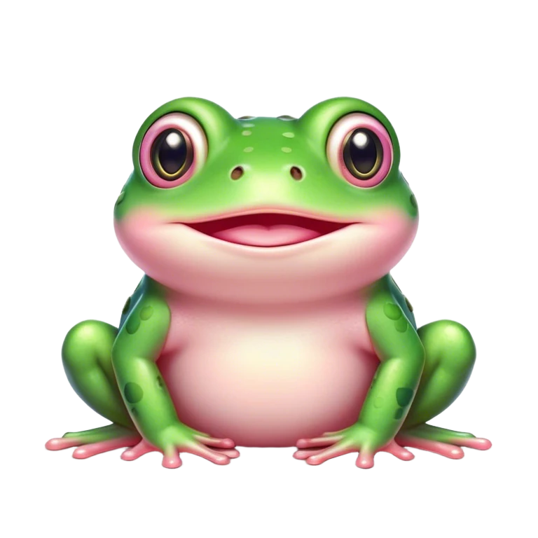 A cute, round green frog with big shiny eyes, pink blushing cheeks, and a small, happy smile. The frog has a soft, cartoonish style with pastel colors and a cozy, friendly appearance emoji