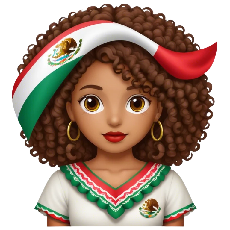 Chica morena con rizos y con una bandera de México  emoji