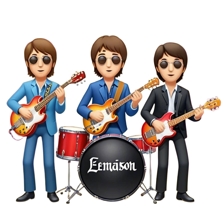 Rock music icon: The Beatles performing live on stage. John Lennon with guitar, Paul McCartney with bass, George Harrison with guitar, Ringo Starr on drums. Bright lights, energetic performance. Transparent background. emoji