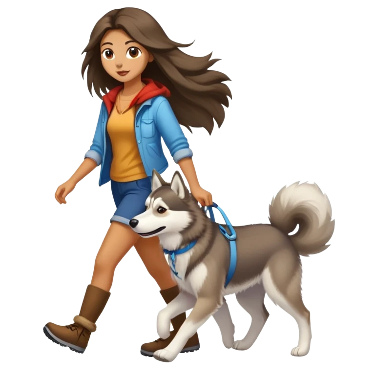 A long-haired girl walking a husky emoji