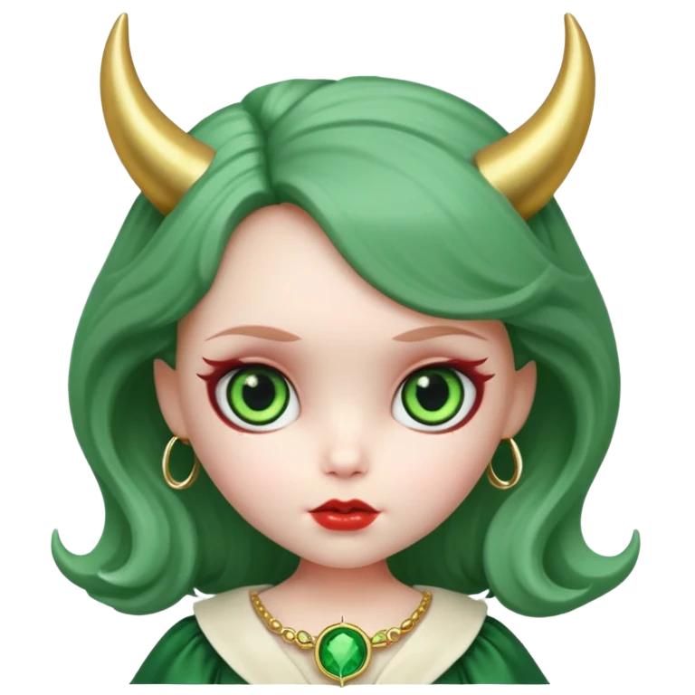 A Blythe doll with big green eyes and devil horns and a halo  emoji