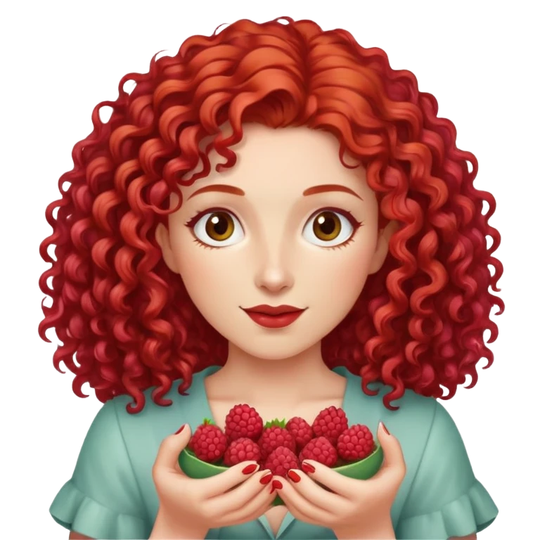 red-haired curly-haired woman holding raspberries in her hands emoji