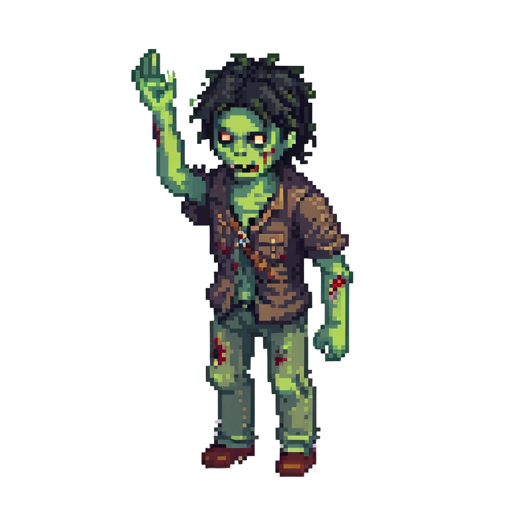 isometric zombie with one arm raised in the air and messy black hair emoji