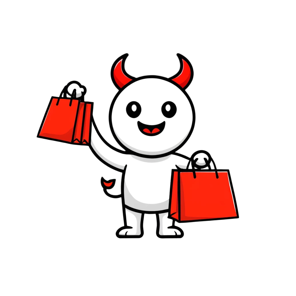 Devil character with shopping bags, excited about shopping emoji