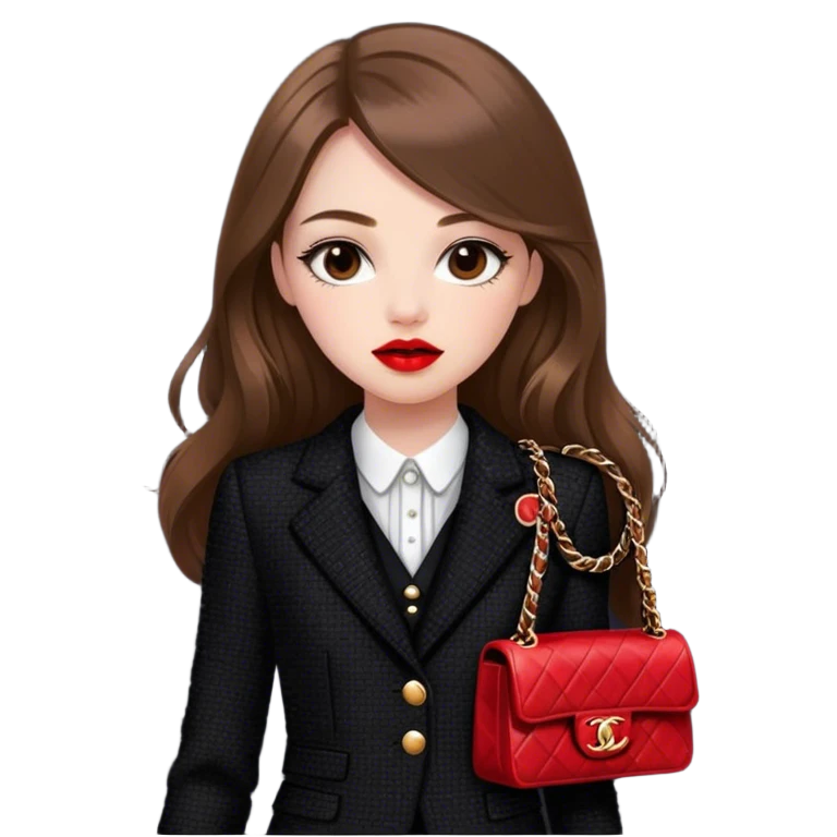 White girl with brown long hair dressed up in black chanel tweed suit with a red chanel bag and red lipstick. Close up emoji