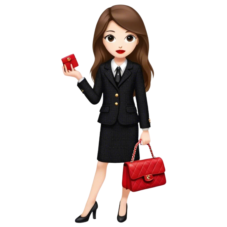 White girl with brown long hair dressed up in black chanel tweed suit with a red chanel bag and red lipstick emoji