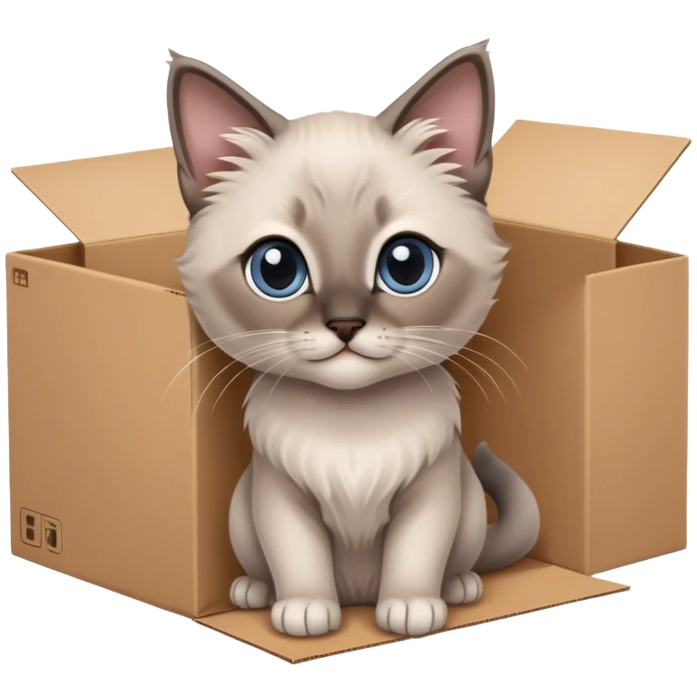  A very cute gery young kitten long hair Siamese Cat cat with one's head tilted to one side poked its paws out of the cardboard big box and placed them on top of it emoji