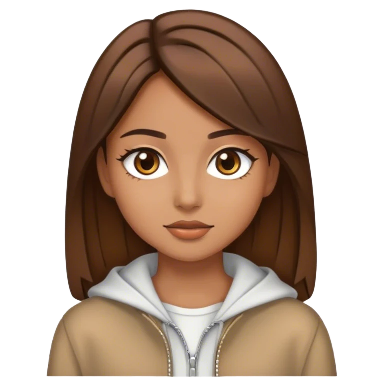 Una chica con pelo castaño y lacio ,ojos marrones y un re estilo emoji