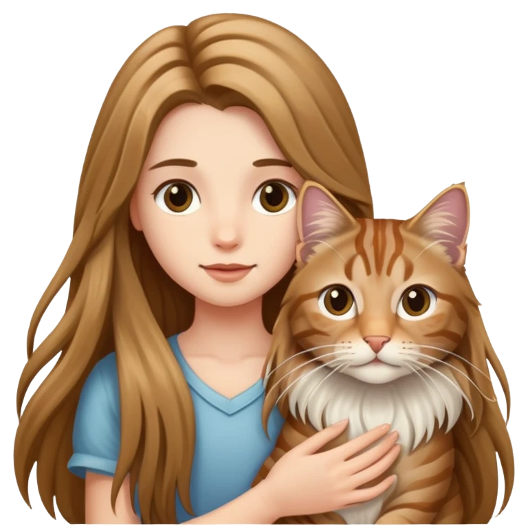 A long-haired girl holding a long haired tabby emoji