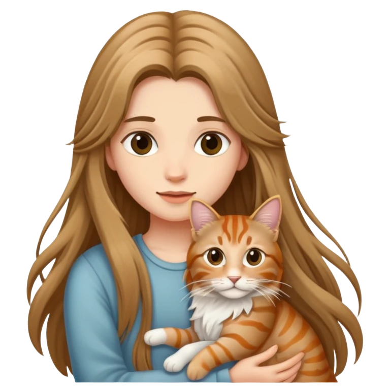 A long-haired girl holding a long haired tabby emoji