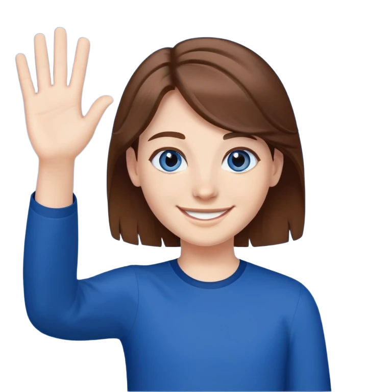 Joven con pelo castaño de ojos azules oscuro sonriendo y saludando  emoji