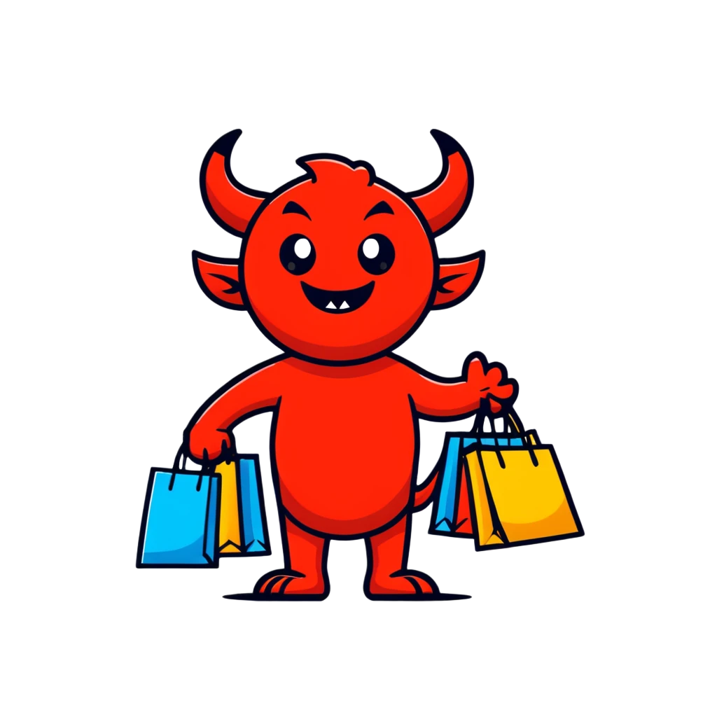 Devil character with shopping bags, excited about shopping emoji