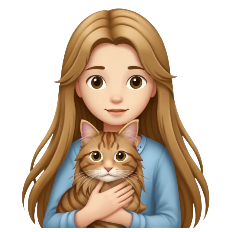 A long-haired girl holding a long haired tabby emoji