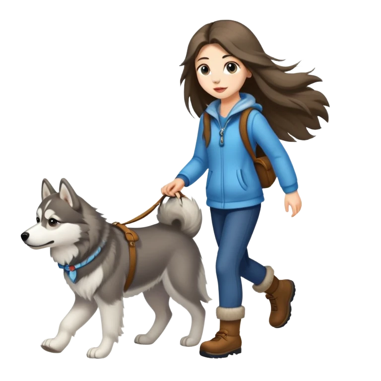 A long-haired girl walking a husky emoji