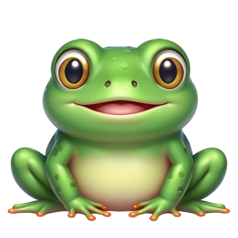 A cute, round green frog with big shiny eyes, blushing cheeks, and a small, happy smile. The frog has a soft, cartoonish style with pastel colors and a cozy, friendly appearance emoji