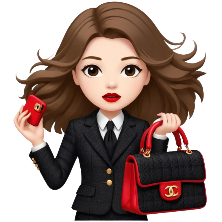 White girl with brown long hair dressed up in black chanel tweed suit with a red chanel bag and red lipstick. Close up with wind blowing her hair looking fancy emoji