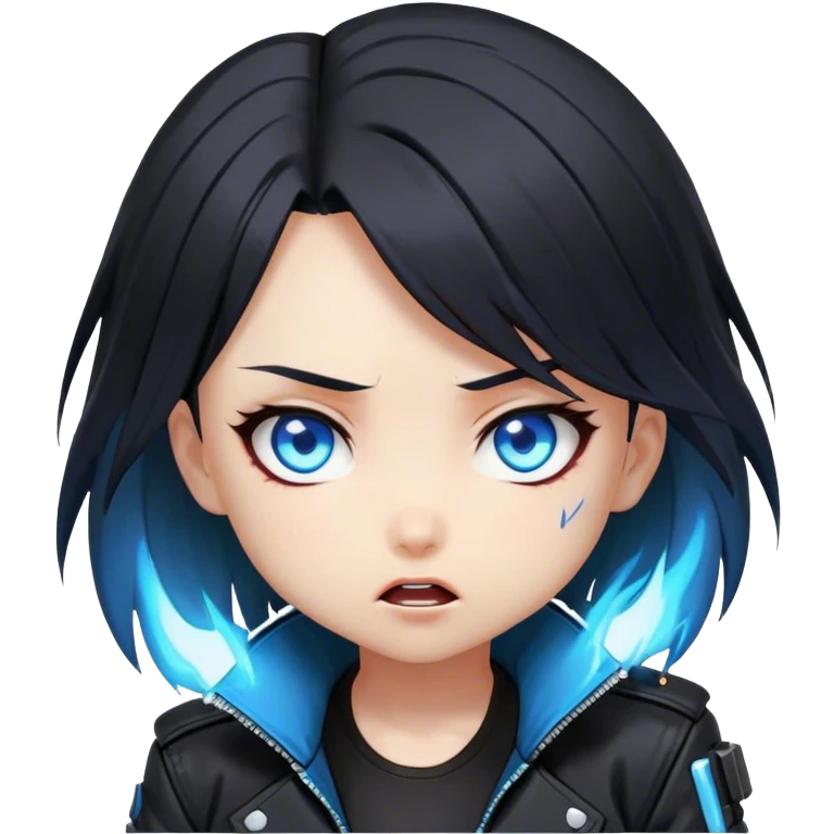 Black hair cyberpunk 2077 chibi girl with blazing blue eyes and black jacket. shocked anime style emoji