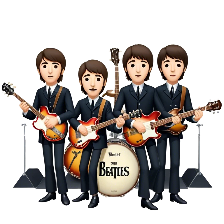 Rock music icon: The Beatles performing live on stage. John Lennon with guitar, Paul McCartney with bass, George Harrison with guitar, Ringo Starr on drums. Bright lights, energetic performance. Transparent background. emoji