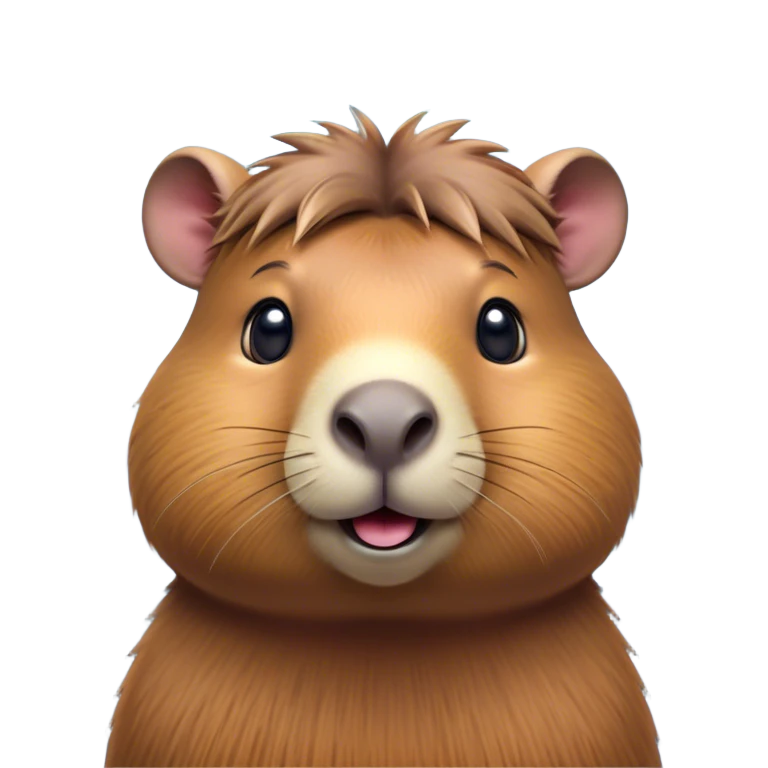 Cinematic Cute Capybara Portrait Emoji, Head tilted playfully and inquisitively, with a delightfully fluffy, rounded form accented by soft, inviting fur and round, sparkling eyes full of charm, Simplified yet irresistibly adorable features, highly detailed, glowing with a warm, friendly glow, high shine, affectionate and lively, stylized with a touch of whimsical cuteness, soft glowing outline, capturing the essence of a mischievous yet loving capybara that feels like it could tumble out of the screen into your arms! emoji