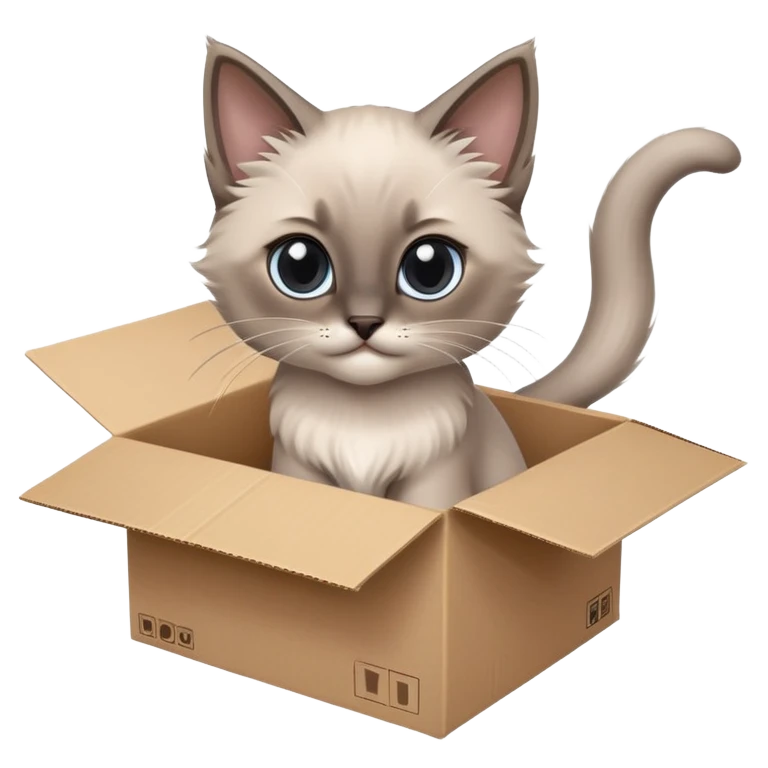  A very cute gery young kitten long hair Siamese Cat cat with one's head tilted to one side poked its paws out of the cardboard big box and placed them on top of it emoji
