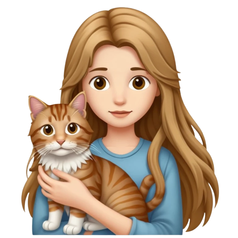 A long-haired girl holding a long haired tabby emoji