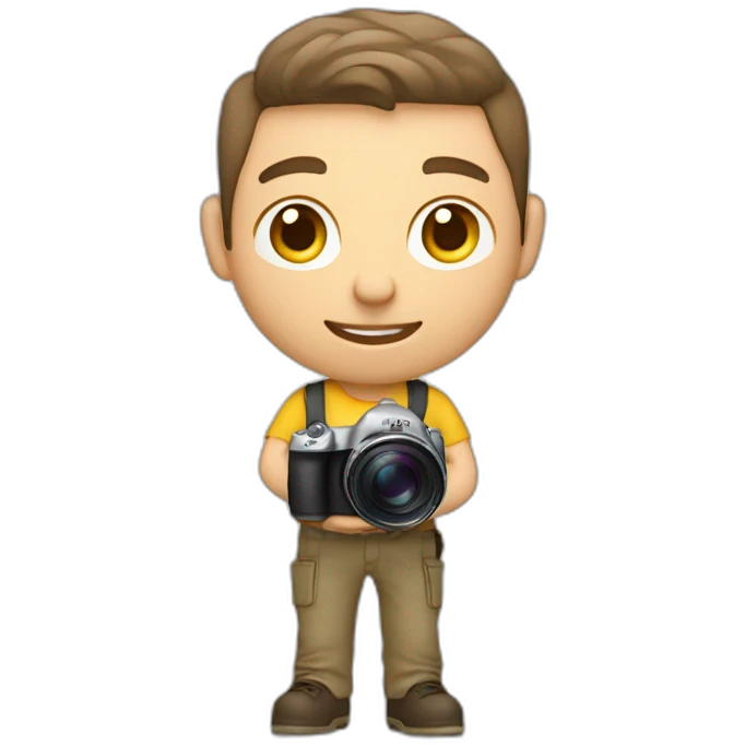 Male Photographer shaved Caucasian wavy hair brunette holding camera emoji