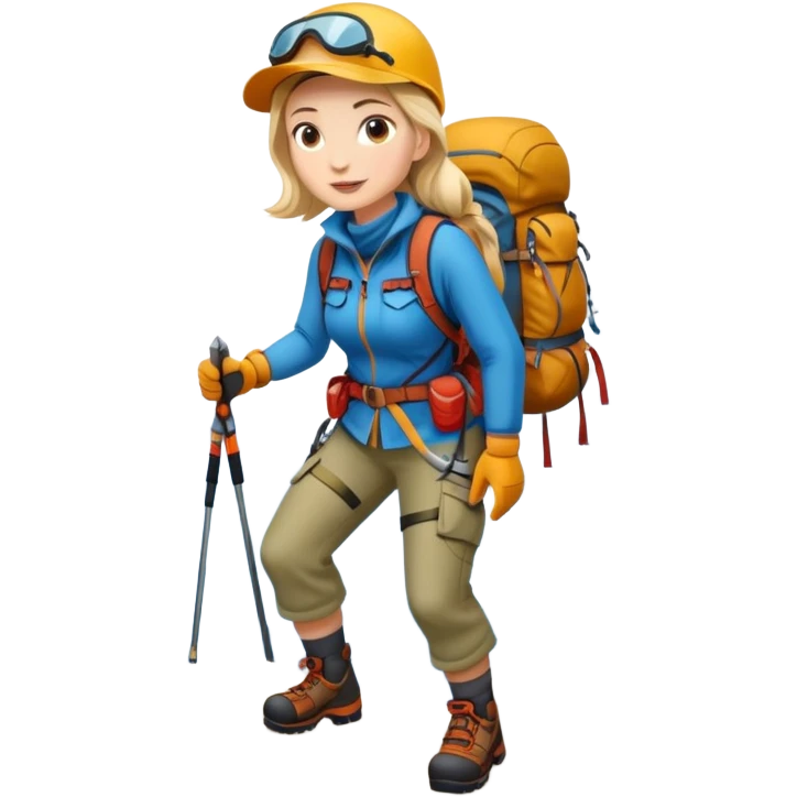 woman mountain climbing, female mountaineer with hiking gear emoji