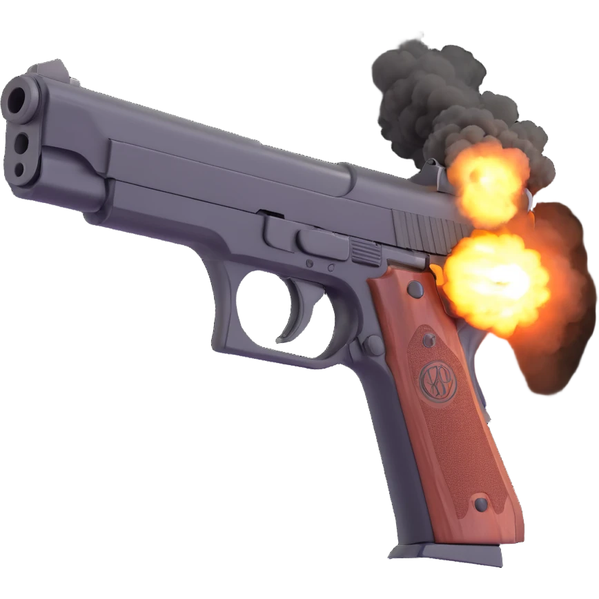 a realistic handgun firing a bullet, with muzzle flash and smoke coming out of the barrel, 3D style emoji