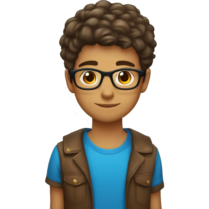 um menino de 13 anos, com cabelo castanho, olho castanho, óculos azul, corte haircut e pele branca emoji