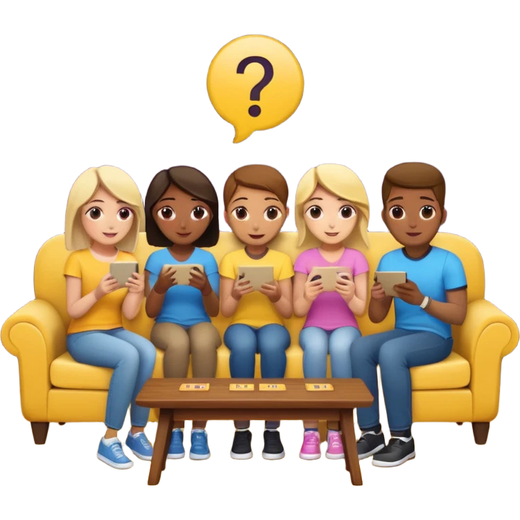 group of friends on couch playing a trivia game couch should be deep dark yellow color.  include a small wooden table in front of the couch as well emoji