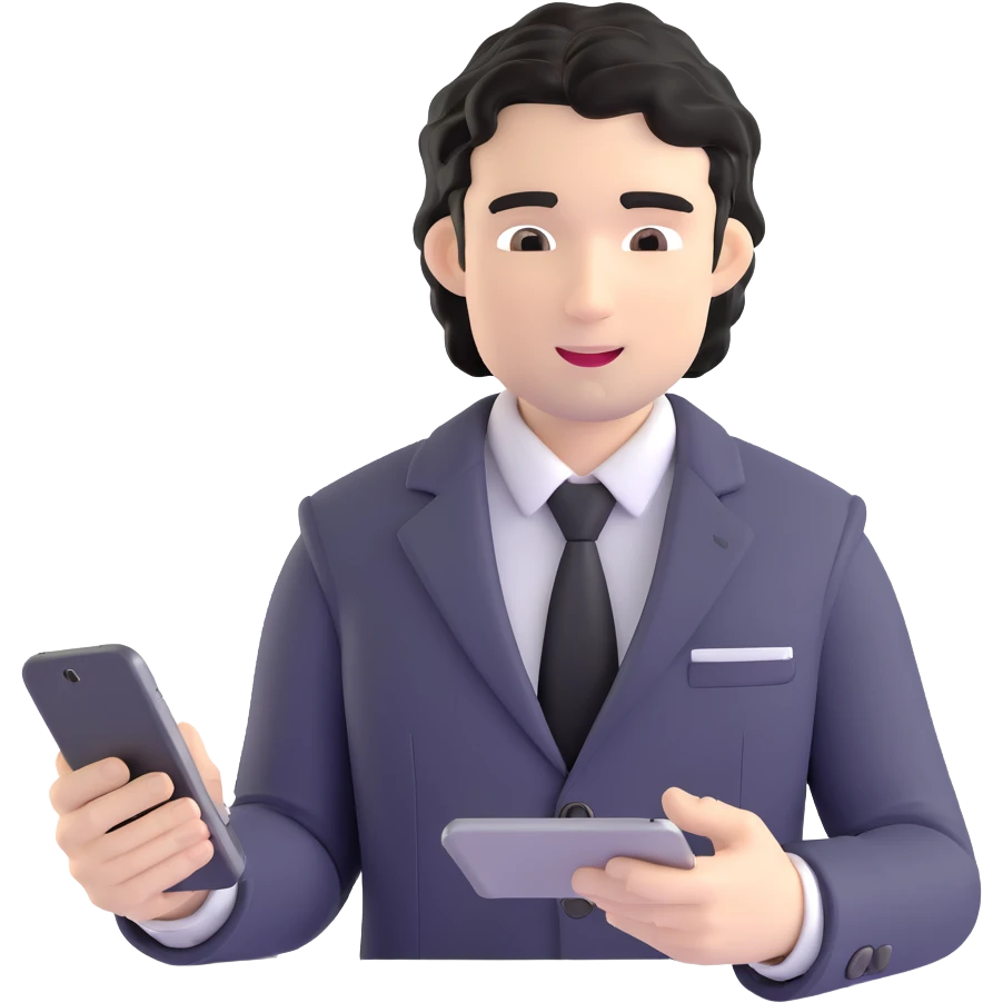 Business strategist with black wavy hair, stubble, chiseled face, wearing blazer and button-up shirt, working on digital devices, surrounded by data visualizations and AI technology, innovative tech-savvy expression emoji
