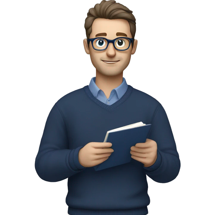 caucasian white man with dark hair, blue glasses, and carrying design plan because he is an architect carrying a pencil and a set model maquette. wearing a navy blue long sleeve sweater shirt. smart.  emoji