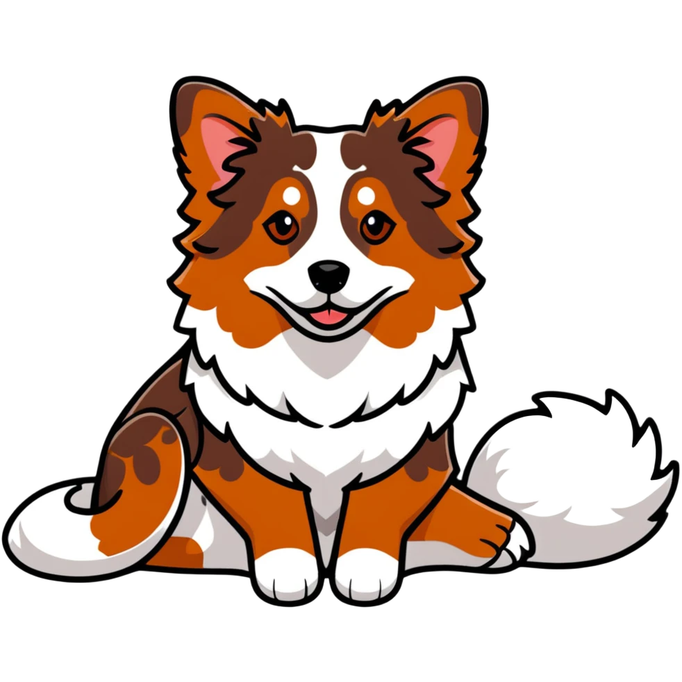Red merle Australian Shepherd dog laying down, reddish-brown and white spotted coat, fluffy fur emoji