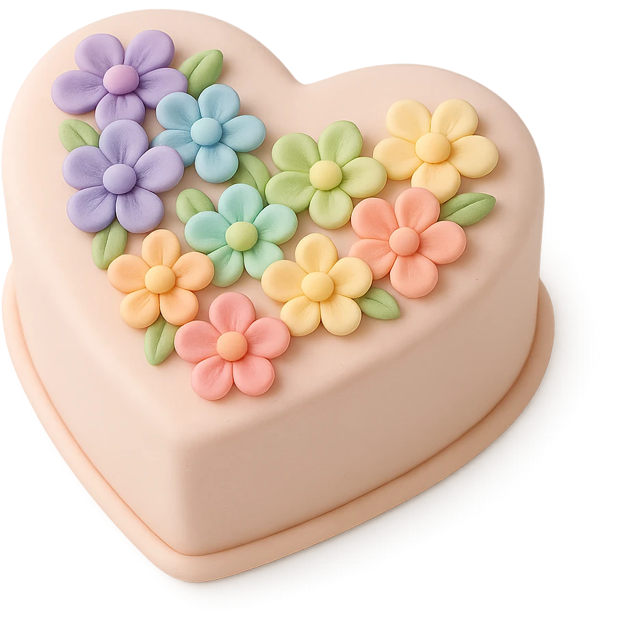 heart-shaped fondant cake decorated with rainbow flowers emoji