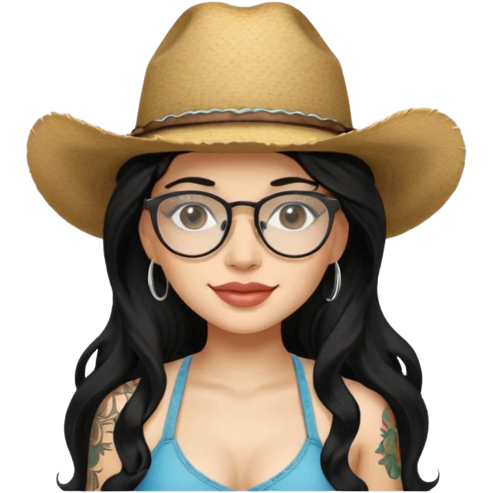 una joven latina de piel clara, con cabello largo, ondulado y negro. Lleva un sombrero de vaquera claro con detalles naturales y gafas grandes, transparentes y modernas. Tiene una sonrisa suave, labios carnosos y un look seguro pero relajado. Viste un top negro tipo bikini, mostrando un tatuaje  emoji