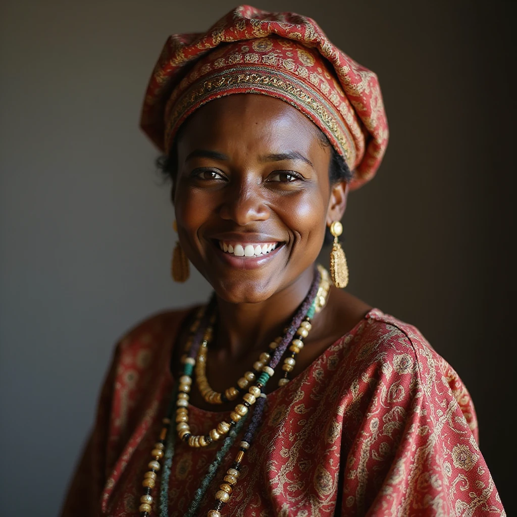 realistic portrait of an Ethiopian woman wearing traditional Habesha kemis dress, smiling, detailed, photorealistic style emoji