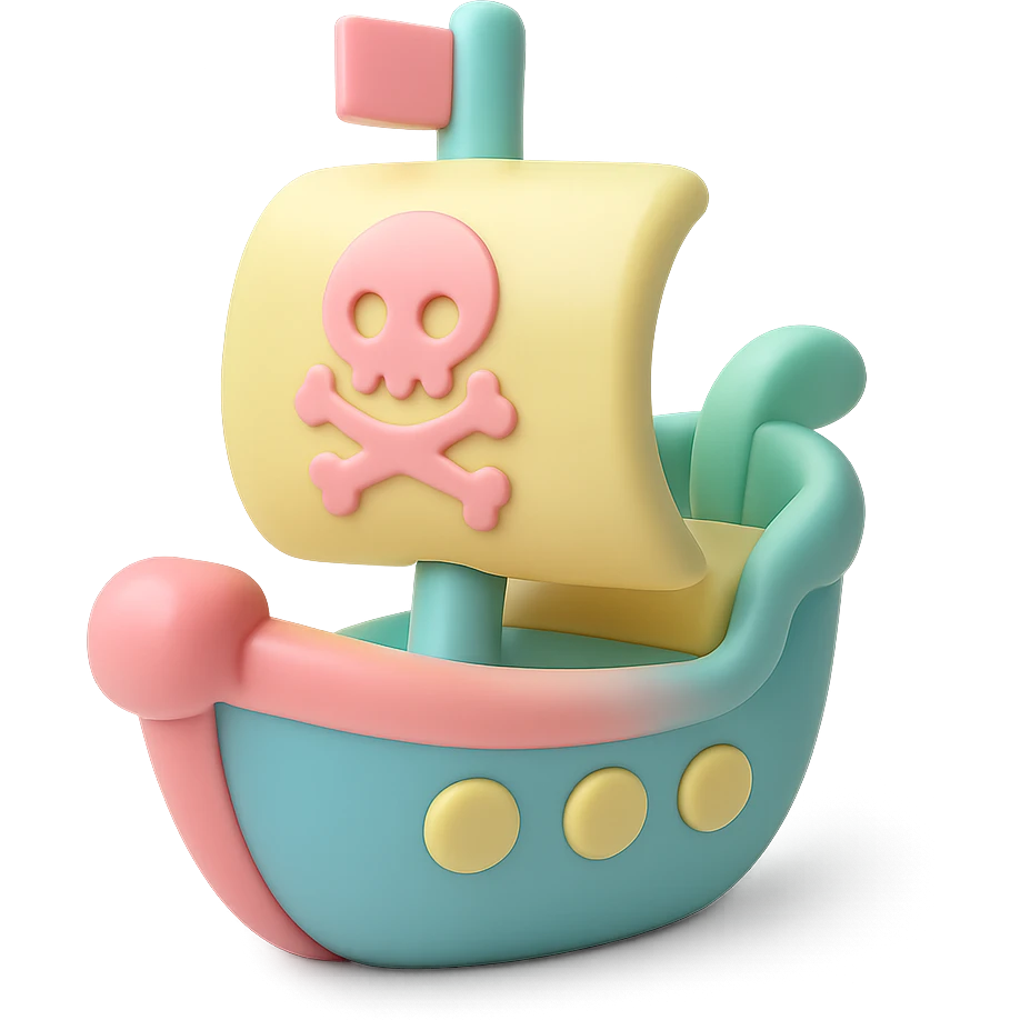 pirate ship, smooth glossy vinyl figure, minimalist design, pastel colors, designer toy aesthetic emoji