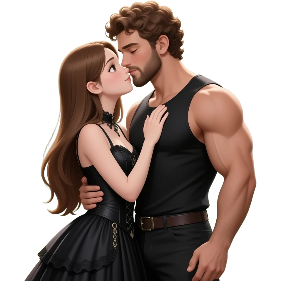realistic sexy pale skin long straight brown hair girl brown eyes long face wearing gothic dress HD and her muscular man wearing black clothes short brown curly hair and beard hugging and kissing in a forest emoji