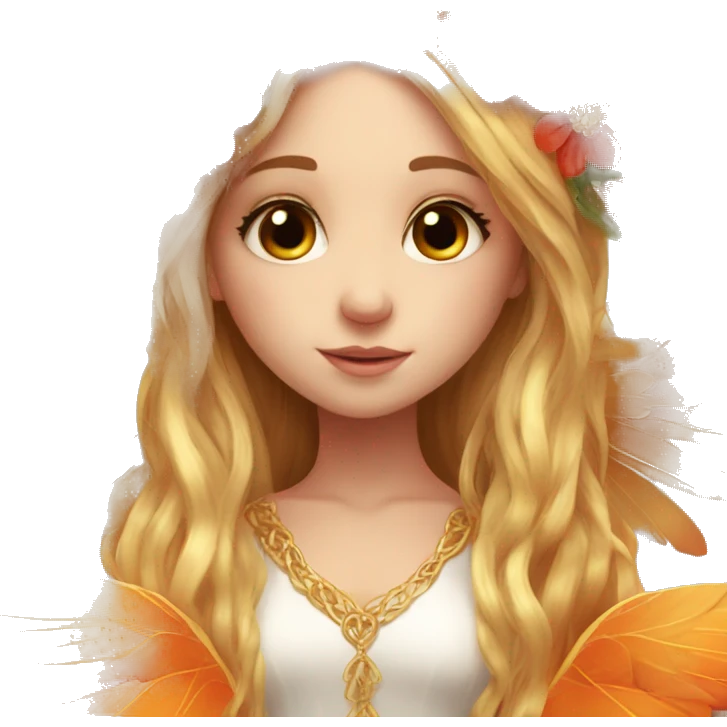 big wings, flower, Beautiful, fairy, gold, orange,red, long hair emoji