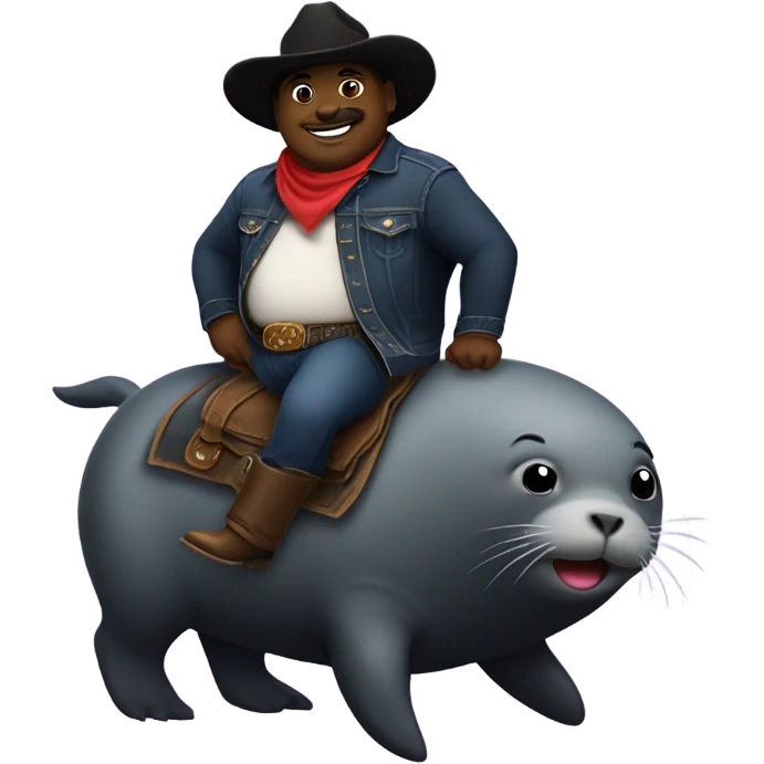 Black fat cowboy riding a cute seal with a cowboy hat emoji