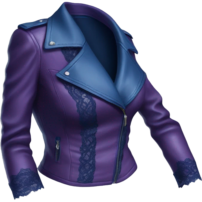 Realistic side view of a dark purple leather jacket with dark blue lace and blue silk camisole blouse underneath it. emoji